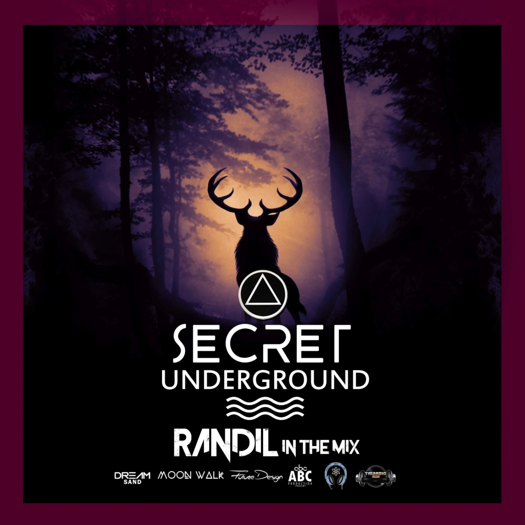 Secret Underground Randil in the Mix logo featuring a male deer standing in a forest during twilight, colour image.