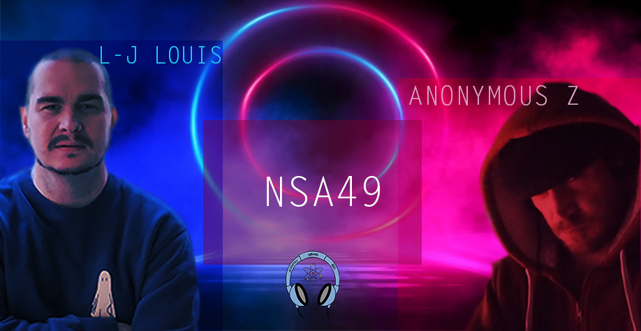 Australian DJ L-J Lous and French DJ and producer Anonymous Z on a pink and blue background with our logo and DJ names, colour image.