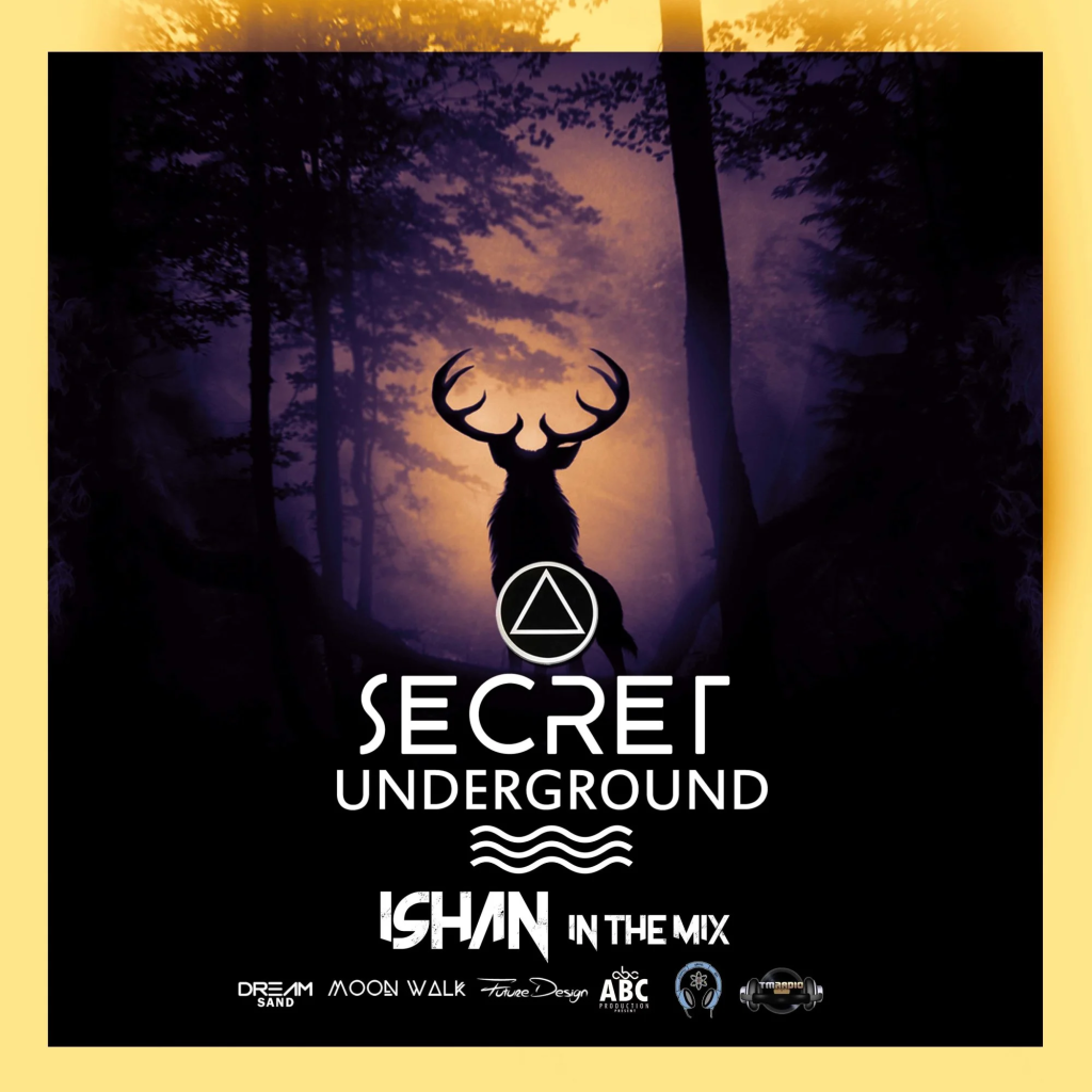 Secret Underground Ishan in the Mix logo in front of a male Deer during twilight, colour image.