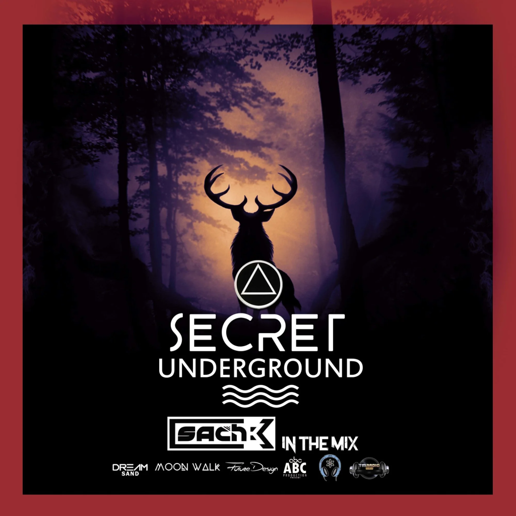 Secret Underground 10 logo featuring a deer standing in front of a forest with various logos including DJ SACH K, colour image.