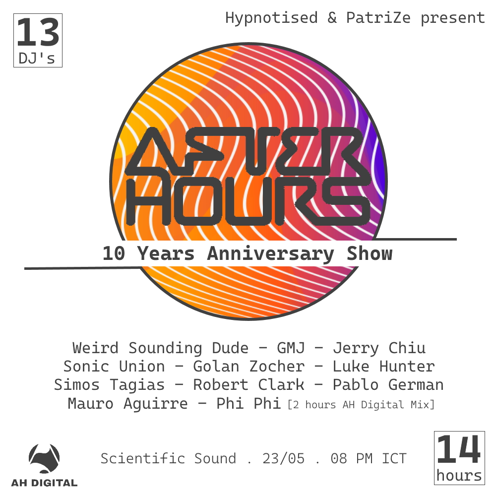 After Hours 10 year anniversary show logo for Scientific Sound featuring guest DJ Names, colour image.