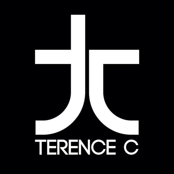 Malaysian DJ and producer Terence C logo with white TC in the middle with his name in white on a square black background.
