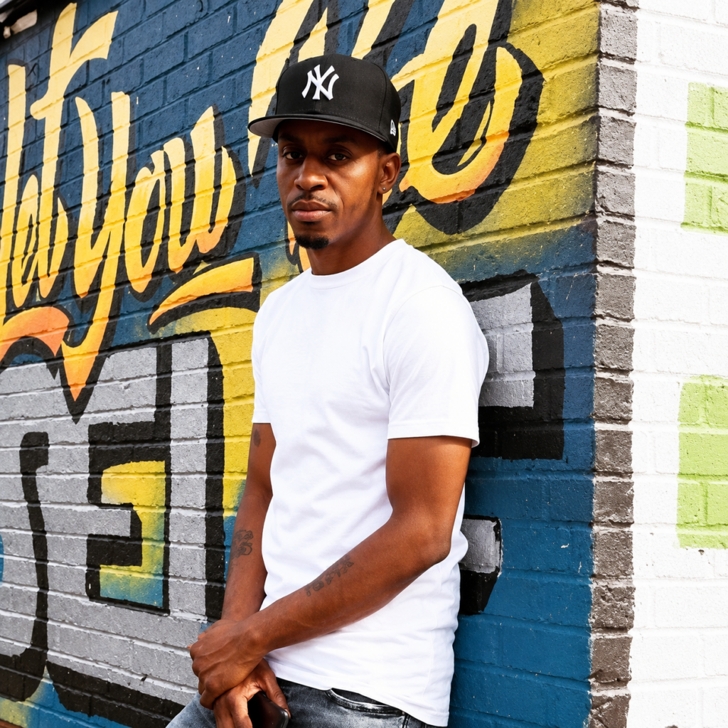 American Hip Hop artist wearing a white T-shirt and black New York Yankees cap, standing against a colourful graffiti-covered brick wall with his hands clasped in front of him.