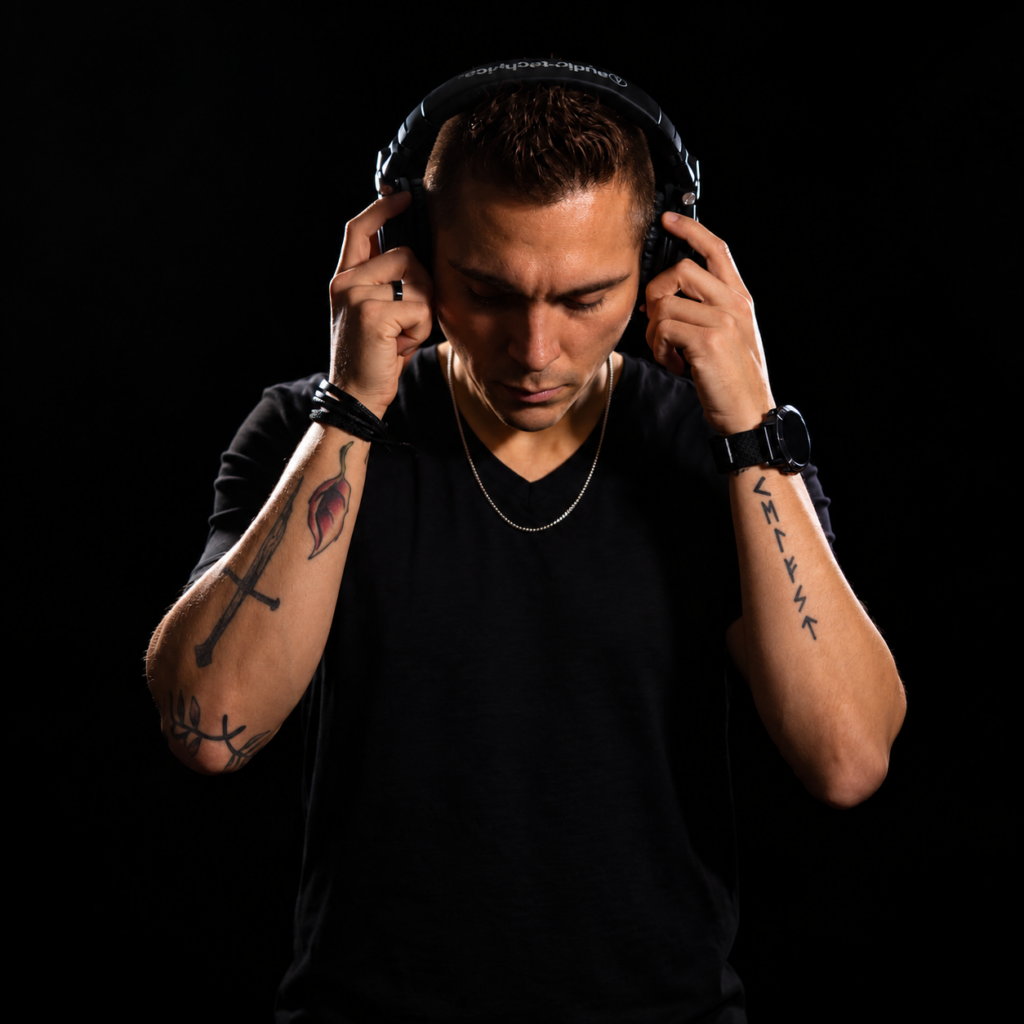 Mexican DJ and producer APHRA wears a black T-shirt and headphones, looking down while holding both earcups against a dark studio background.