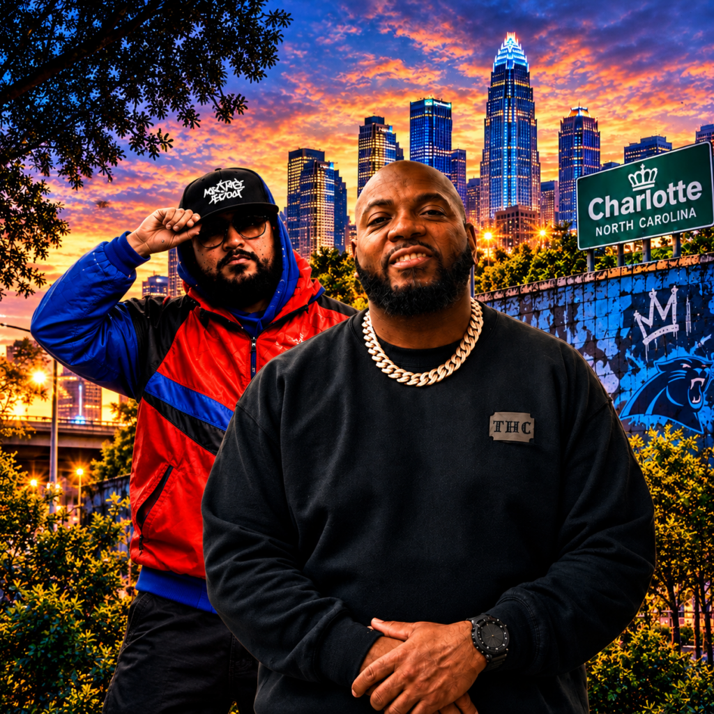 DJ Chuck T stands in the foreground wearing a black sweatshirt and gold chain, with DJ King Flow behind him in a red and blue jacket, against the Charlotte, North Carolina skyline at sunset.