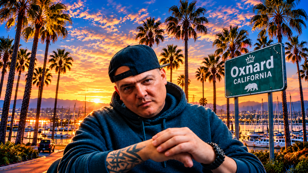 American Hip Hop artist Mic Bles from Oxnard, California, wearing a blue hoodie and backwards baseball cap, posing against a colourful sunset with palm trees, a marina and an Oxnard sign in the background.